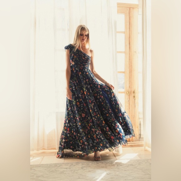 green emerald velvet dress Pink Embellished One Shoulder A Line Floral Gown